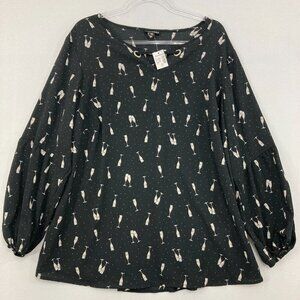 New Roz & Ali Dressbarn size 2X Black Tan Novelty Print Puff Sleeve Blouse